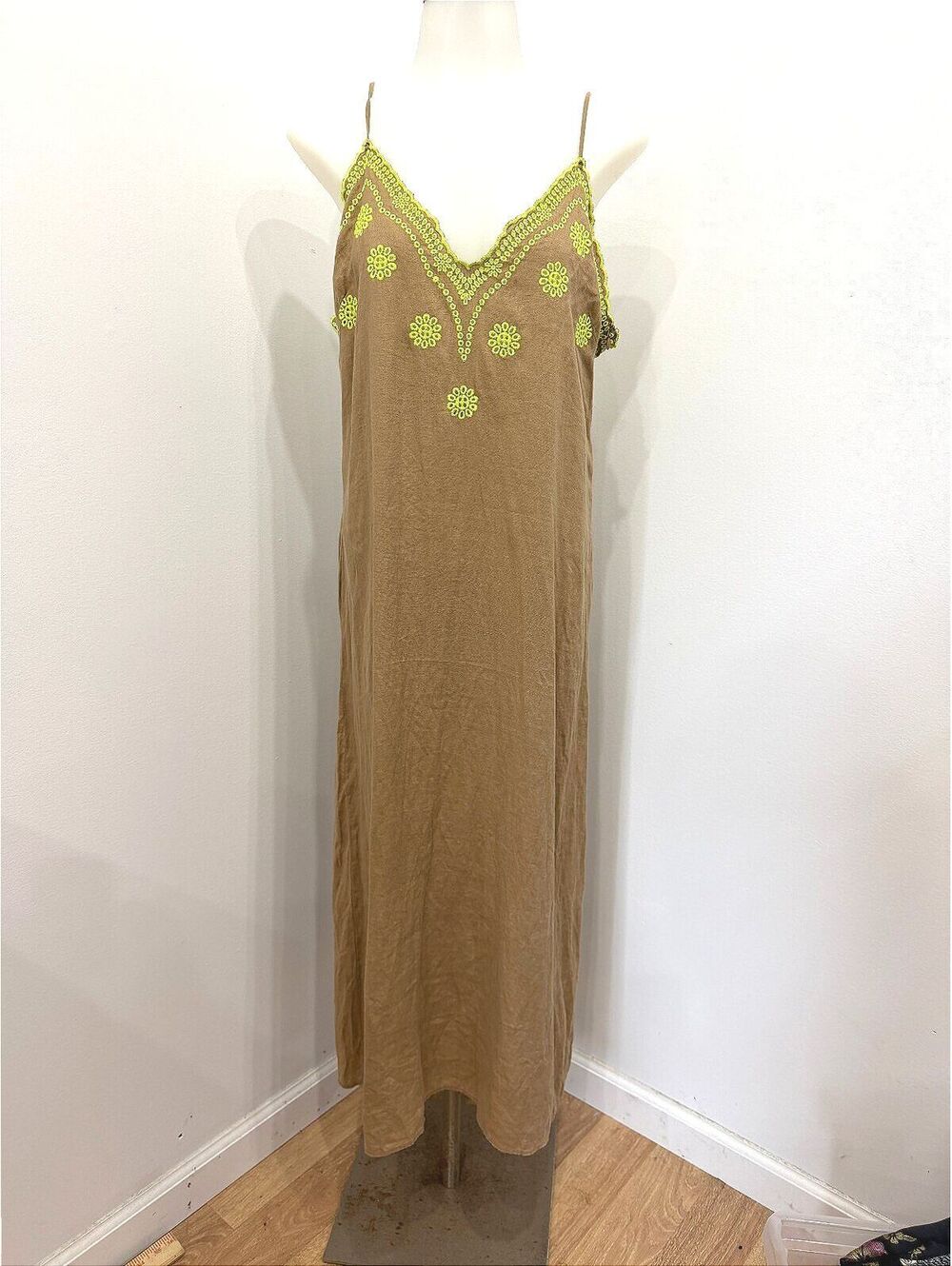 Zara Large Brown Maxi Slip Dress with Neon Yellow Embroidered Floral Detail